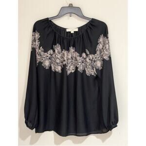 Ann Taylor Loft Black Sheer With Tan Floral Long Sleeve Blouse‎ Women's Large